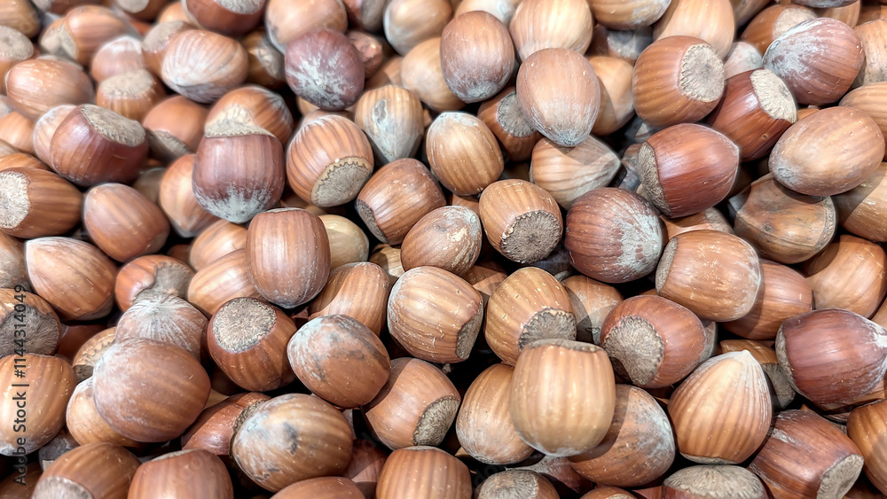 A close-up view of freshly harvested forest hazelnuts in nutshells in the farmer's market in France . Background of organic food. A close-up view of freshly harvested forest hazelnuts in nutshells in the farmer's market in France . Background of organic food.