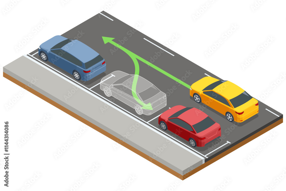 Isometric illustration of a parallel parking maneuver. A transparent car outline and green arrow indicate the parking trajectory between a red car and a blue car on the roadside Isometric illustration of a parallel parking maneuver. A transparent car outline and green arrow indicate the parking trajectory between a red car and a blue car on the roadside