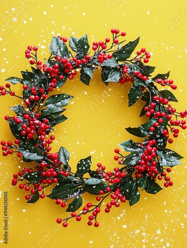 Bright and Cheerful Christmas Wreath with Red Berries on Vibrant Yellow Background, Perfect for Festive Holiday Decor and Seasonal Celebrations