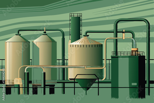 Create a detailed vector illustration of a large-scale bioenergy facility, showcasing biomass processing and energy generation.