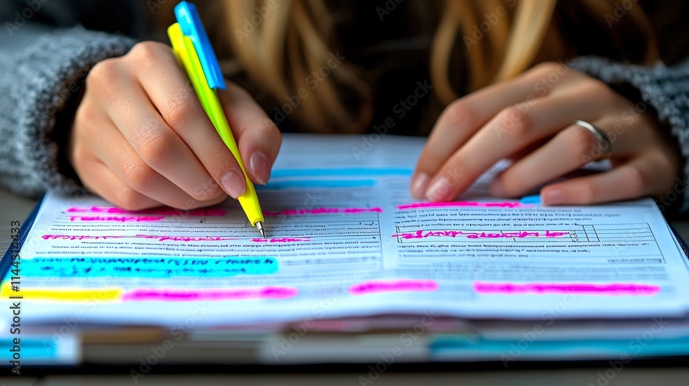 College student organizing FAFSA and tax documents on a desk with highlighted notes Stock Photo with side copy space College student organizing FAFSA and tax documents on a desk with highlighted notes Stock Photo with side copy space