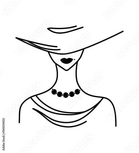 Mysterious girl in a hat. Business lady. Girl diplomat. Silhouette of a woman dressed in an evening dress with beads on her neck and a hat on her head
