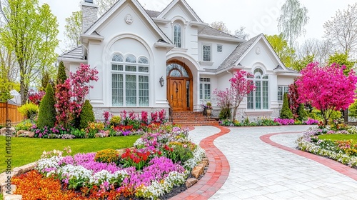 Fototapeta Naklejka Na Ścianę i Meble -  Elegant white house with blooming flowers and curved driveway.