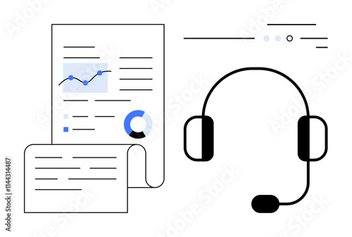 Headset symbolizing customer support alongside data reports with graphs and charts. Ideal for customer service training, data analysis, technical support, call centers, business reporting