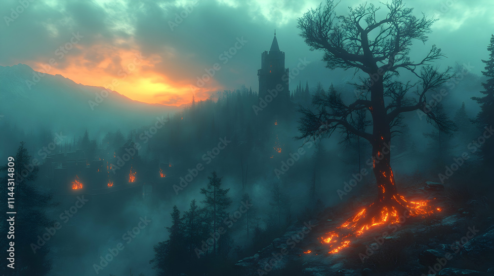 Fototapeta premium Burning tree near a misty, gothic castle at sunset.