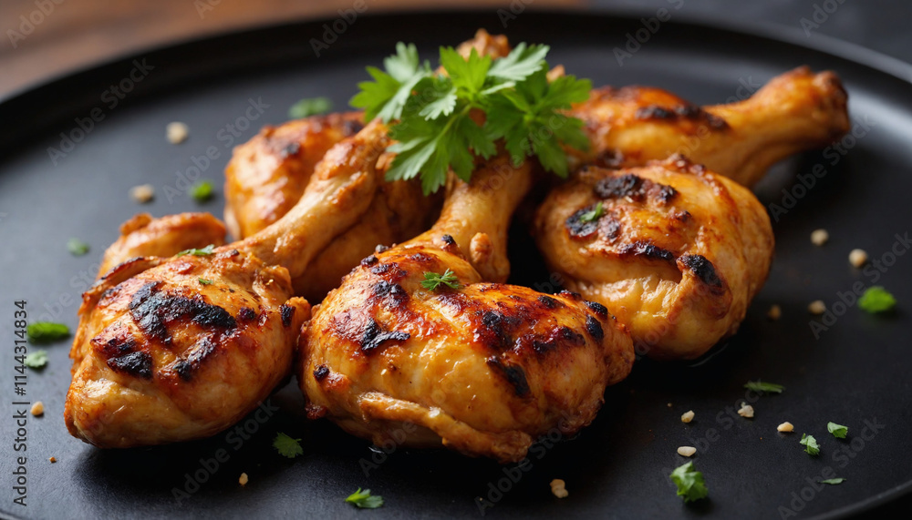 Chicken inasal in Michelin-star Filipino food photography style in golden-brown, black colors for culinary presentation Chicken inasal in Michelin-star Filipino food photography style in golden-brown, black colors for culinary presentation