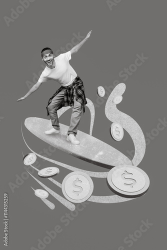 Photography Vertical collage picture of excited black white effect guy balancing surfing mon