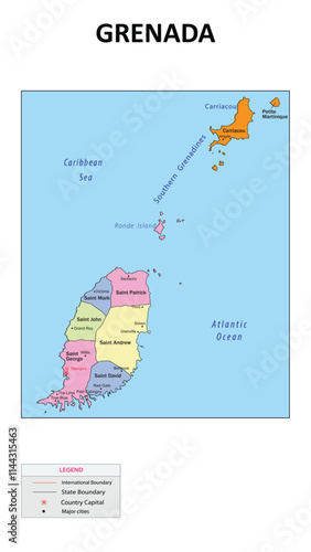 Grenada Map. State and union territories of Grenada with neighbouring countries. Political map of Grenada with capital and important cities in Detailed.