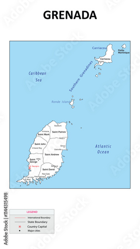 Grenada Map. State map of Grenada. Administrative map of Grenada with state and capital in white color.