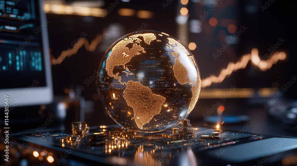 Fototapeta premium golden globe representing global finance and stock market trends, illuminated by data visuals and graphs, evokes sense of economic growth and