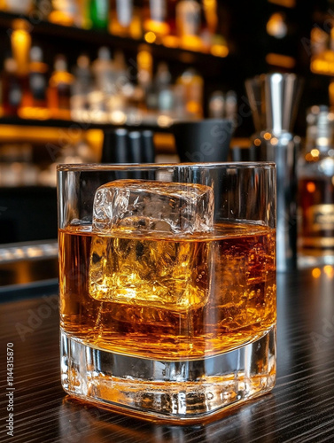 old fashioned cocktail in a double old fashioned glass with one large ice cube, cocktail is sitting on a bar in front of a blurred out background with bottles of whiskety