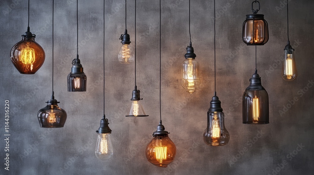 A mix of industrial and modern pendant lamps with warm light, suspended artistically against a neutral gray wall A mix of industrial and modern pendant lamps with warm light, suspended artistically against a neutral gray wall