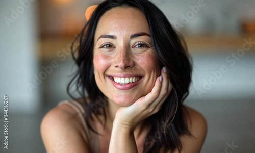 Cute brunette middle aged woman in her 50s smiling joyfully after spa procedures with healthy white toothy smile and good skincare