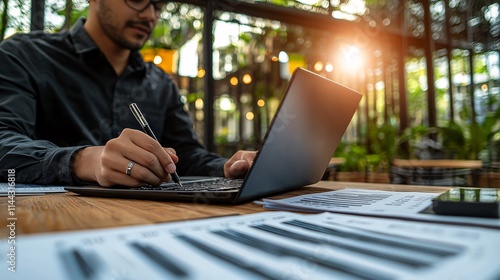 Teen calculating FAFSA inputs based on IRS refund figures on a personal laptop Stock Photo with side copy space photo