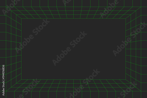 Simple green grid lines are isolated on a dark background. Abstract stage background with editable stroke. Futuristic or retro style concept for presentation, poster, or card. Vector illustration