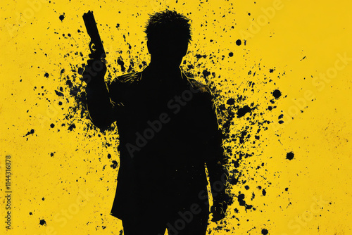 A black silhouette of a man with a gun on a yellow background, with black paint splatters around him, try crime
