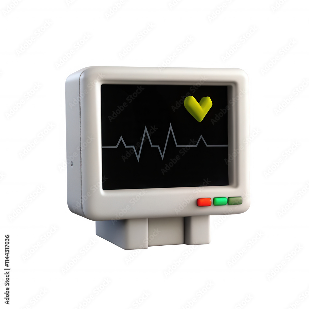 A 3D rendering of a heart monitor displaying a heartbeat line and a green heart symbol, showcasing modern medical technology in a vibrant design. A 3D rendering of a heart monitor displaying a heartbeat line and a green heart symbol, showcasing modern medical technology in a vibrant design.