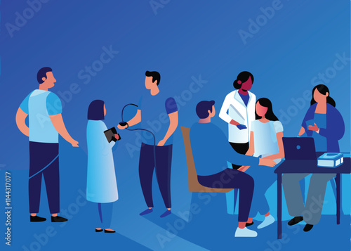 Create a vibrant vector illustration of a health screening event, showcasing diverse people undergoing checkups. Include medical professionals and various screening equipment.