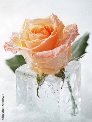 Elegant Rose Encased in Ice with Delicate Frost on Petals, Perfect for Winter Themed Decor and Christmas Celebrations, Highlighting Beauty in Cold Conditions