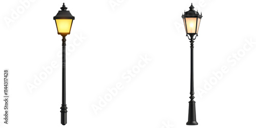 Two street lamps with distinct designs, one emitting a warm yellow glow, showcasing classic lighting elegance.