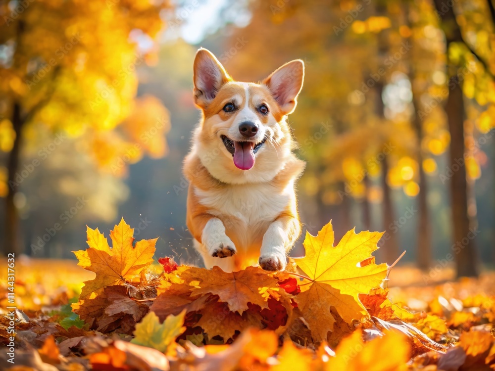 Cute Corgi Autumn Leaves Jump Park Photo - Adorable Dog Fall Fun Cute Corgi Autumn Leaves Jump Park Photo - Adorable Dog Fall Fun