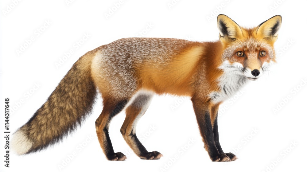Fototapeta premium Alert Fox Ready to Pounce on Clean White Backdrop