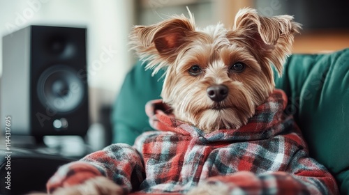 A fluffy terrier, stylish in a red-and-black checkered hoodie, gazes curiously beside a speaker, embodying modern dog fashion and audio appreciation. photo