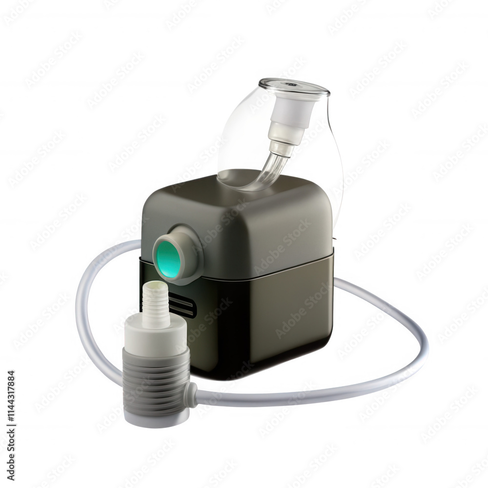 A modern inhaler medical device designed for respiratory therapy, featuring sleek design and tubing for patient convenience. A modern inhaler medical device designed for respiratory therapy, featuring sleek design and tubing for patient convenience.