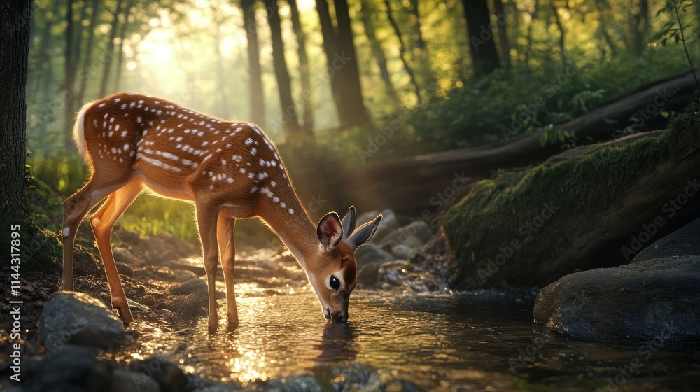 Fawn drinking from forest stream at sunrise.