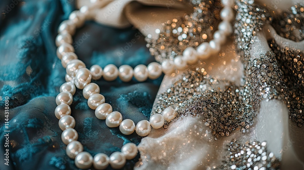 A glamorous evening shawl with sequin details laid out next to pearl accessories A glamorous evening shawl with sequin details laid out next to pearl accessories