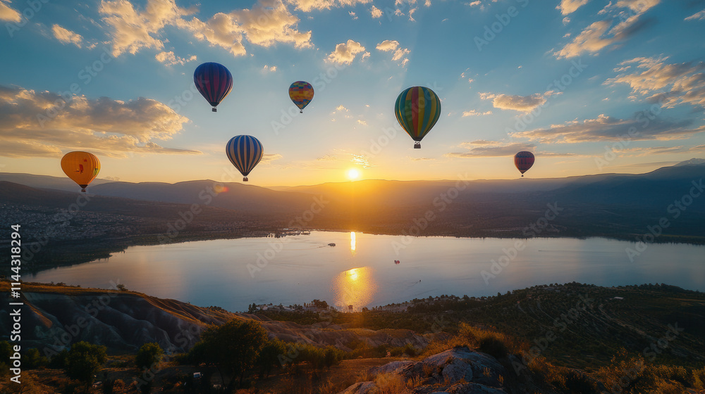 Obraz premium serene view of colorful hot air balloons floating over tranquil lake at sunset, creating picturesque landscape