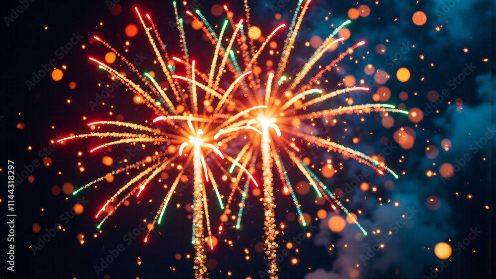 Obraz premium Happy New Year celebration with colorful fireworks at night