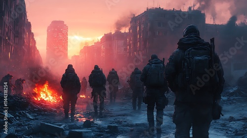 A group of resistance fighters huddled around a makeshift campfire, plotting their next move, amidst a destroyed cityscape, gritty, rebellion, insurgence, determination, urban warfare, demolished 