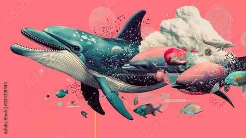 Cosmic dolphin with surreal underwater creatures on pink background. photo