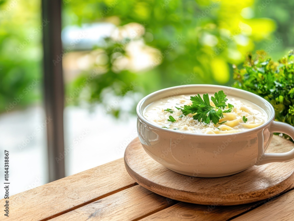 Delicious Creamy Soup in Cozy Bowl Surrounded by Fresh Greenery and Natural Light Delicious Creamy Soup in Cozy Bowl Surrounded by Fresh Greenery and Natural Light