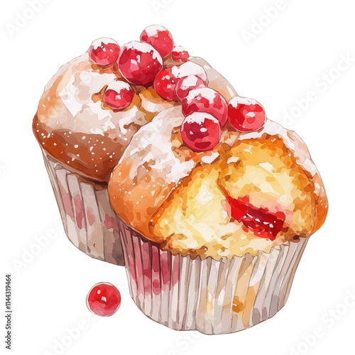 watercolor Christmas cranberry muffins and ribbons  and holly berry branch painting collection isolated on a white background, vector flat watercolor design painting, Christmas design