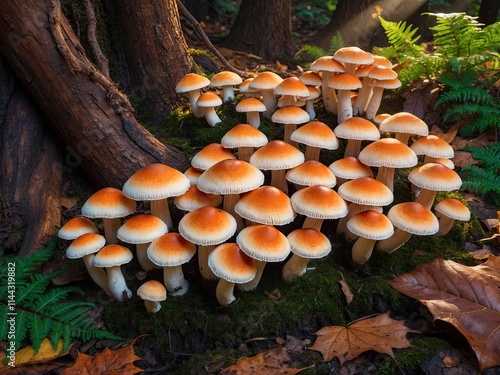 Dense clusters of white and orange cap mushrooms grow naturally in a rain forest photo