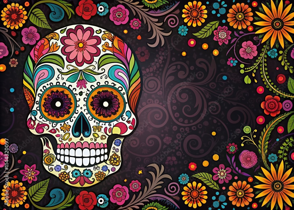 Day of the Dead Sugar Skull Silhouette Background, Vibrant Doodle Border, Festive Mexican Holiday Mockup Day of the Dead Sugar Skull Silhouette Background, Vibrant Doodle Border, Festive Mexican Holiday Mockup