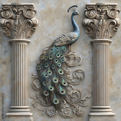 Vibrant 3D Peacock Mural Surrounded by Gorgeously Decorated Architectural Columns