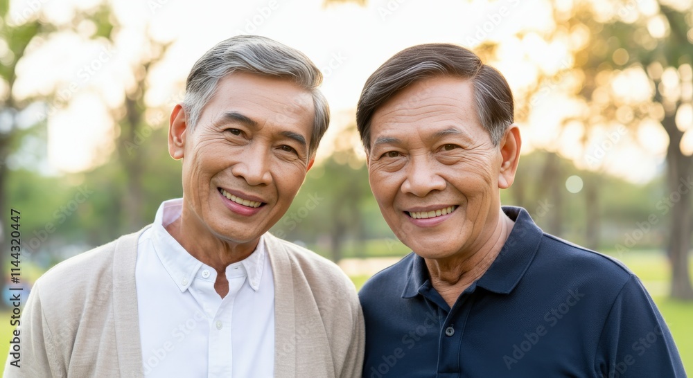 Fototapeta premium Elderly asian males smiling together in park setting during sunset