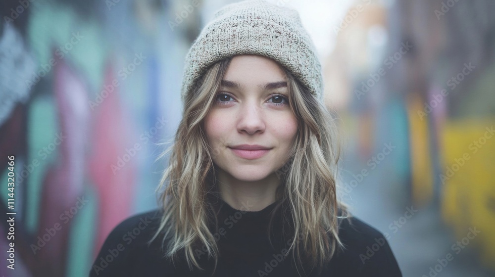 Woman with wavy hair and beanie poses against colorful graffiti backdrop on a cool evening, exuding a relaxed, urban vibe Woman with wavy hair and beanie poses against colorful graffiti backdrop on a cool evening, exuding a relaxed, urban vibe