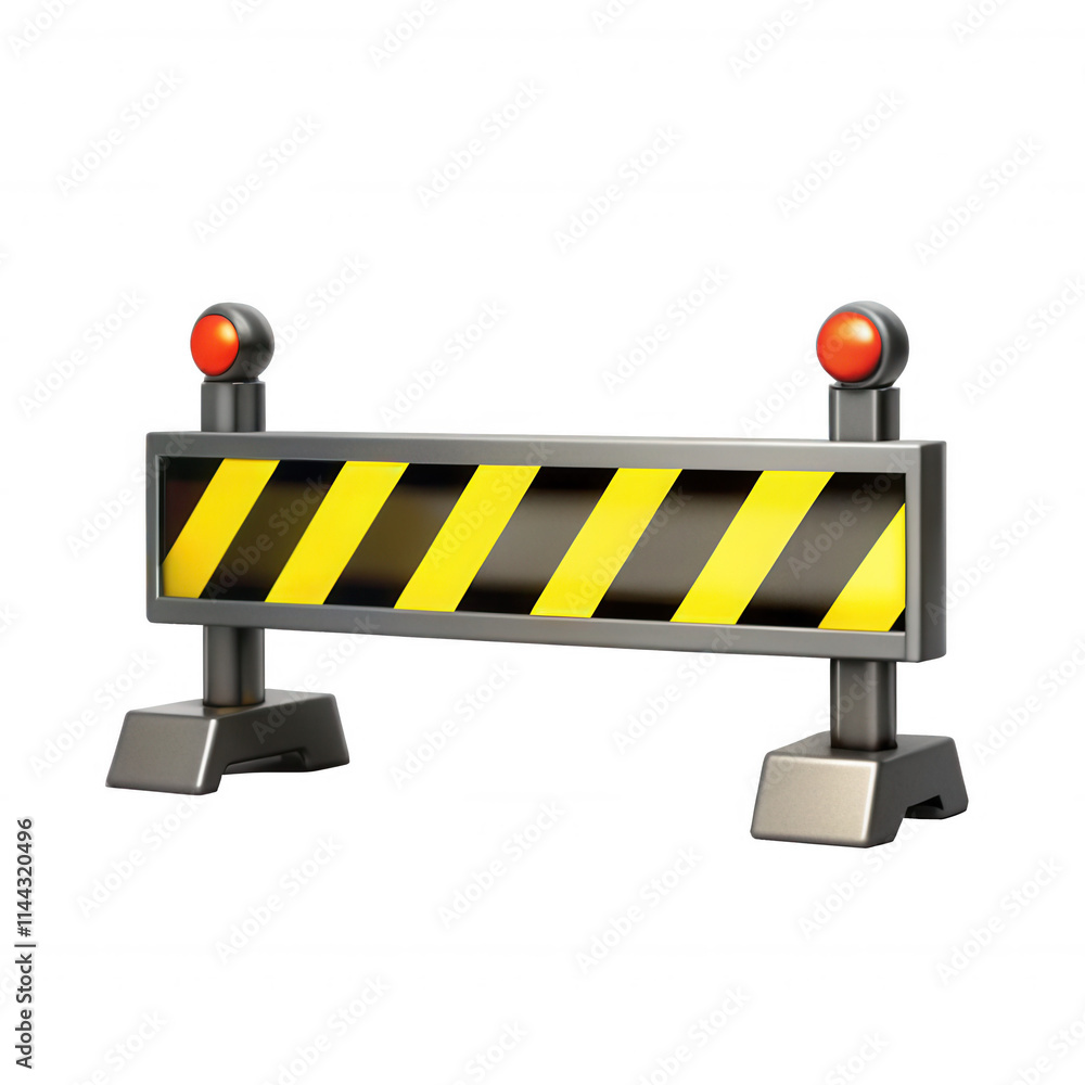 A detailed 3D model of a construction barrier featuring yellow and black stripes and red lights, ideal for safety signage. A detailed 3D model of a construction barrier featuring yellow and black stripes and red lights, ideal for safety signage.