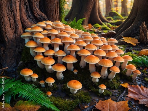 Dense clusters of white and orange cap mushrooms grow naturally in a rain forest photo