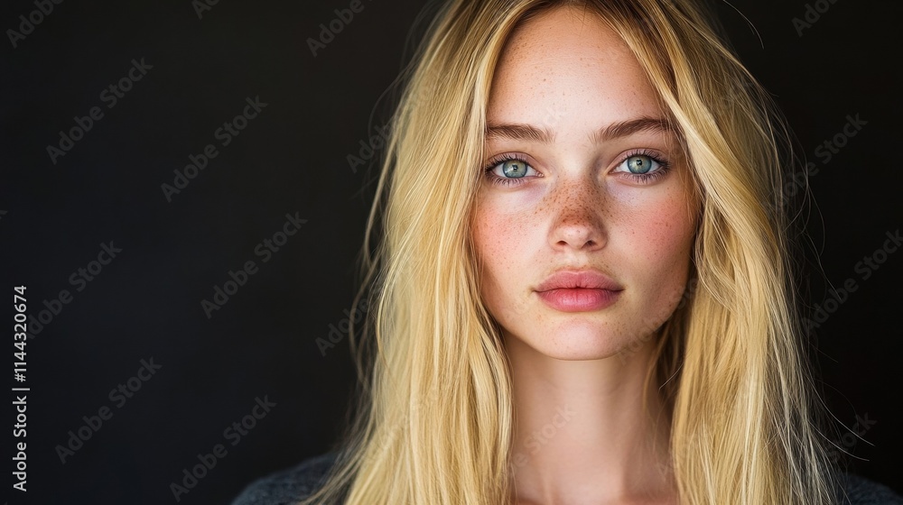 A young woman with long blonde hair gazes seriously into the distance, her striking features illuminated in soft light against a dark backdrop A young woman with long blonde hair gazes seriously into the distance, her striking features illuminated in soft light against a dark backdrop