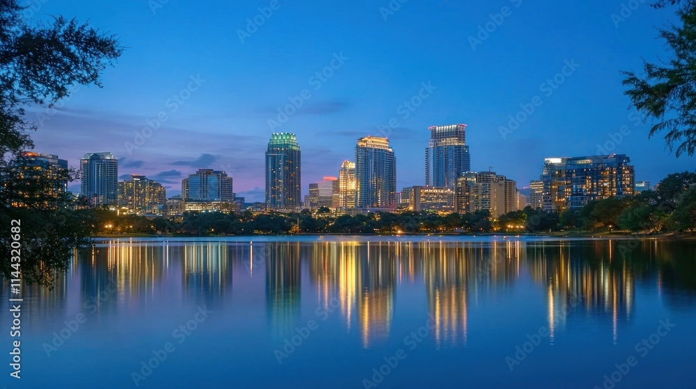 Obraz premium A city skyline at dusk, with the last rays of evening light illuminating tall buildings and reflecting off the water.