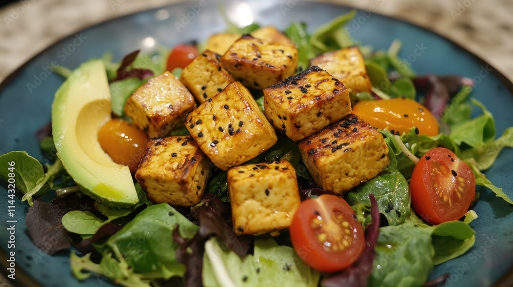A healthy tofu dish featuring air-fried cubes on a colorful salad with mixed greens, cherry tomatoes, and avocado A healthy tofu dish featuring air-fried cubes on a colorful salad with mixed greens, cherry tomatoes, and avocado