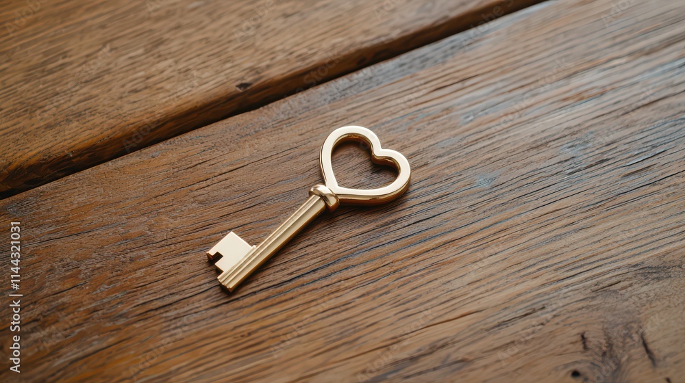 Golden Heart Key on Rustic Wood Background Golden Heart Key on Rustic Wood Background