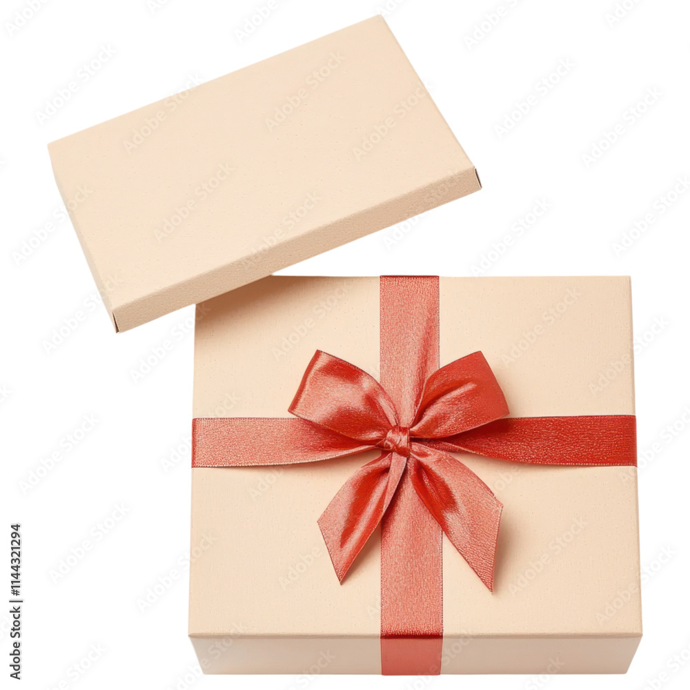 A cream-colored gift box with a red ribbon and bow, partially open to reveal its contents. A cream-colored gift box with a red ribbon and bow, partially open to reveal its contents.