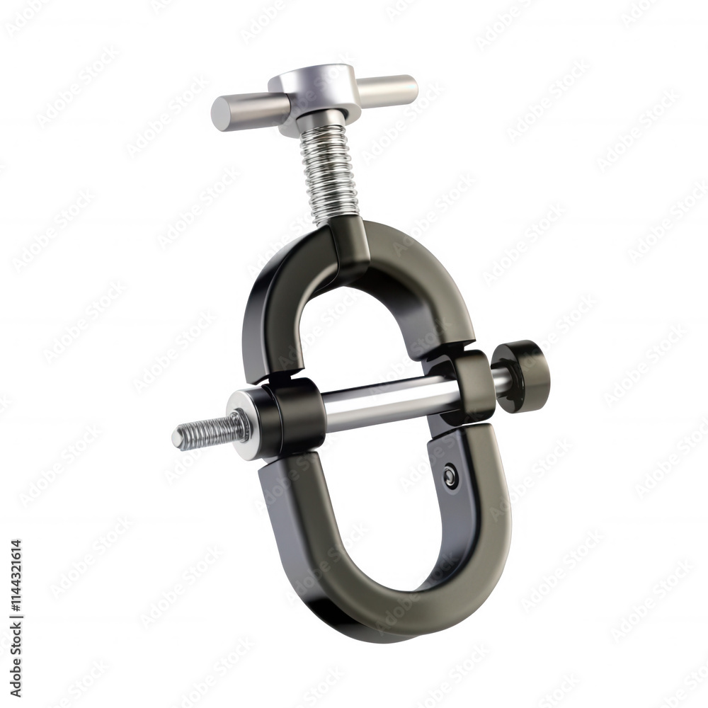 A detailed 3D render of a clamp tool showcasing its metallic structure and screws. Ideal for construction and mechanical purposes. A detailed 3D render of a clamp tool showcasing its metallic structure and screws. Ideal for construction and mechanical purposes.