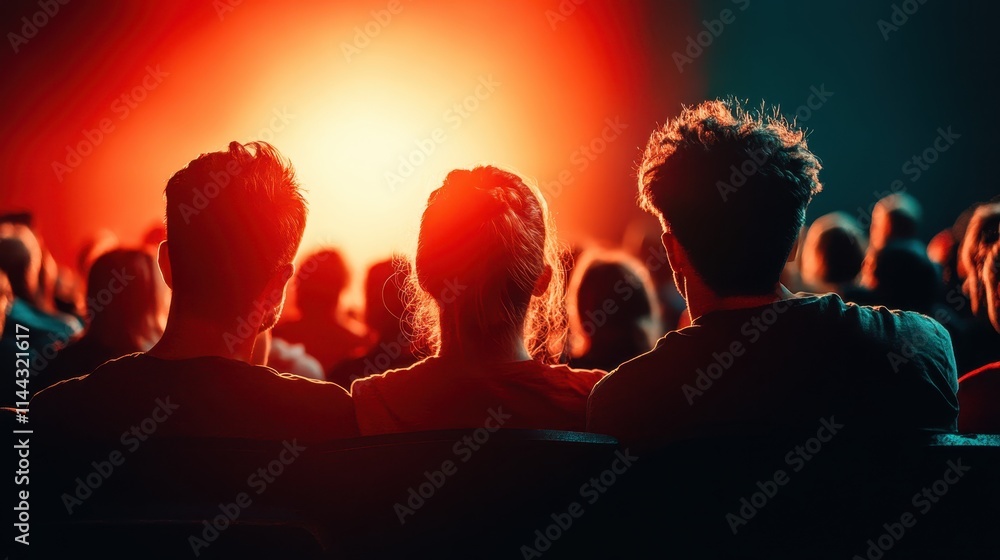 A cozy setting of a packed indoor cinema, where a diverse group of people sit closely together enjoying a movie illuminated by soft, warm light. A cozy setting of a packed indoor cinema, where a diverse group of people sit closely together enjoying a movie illuminated by soft, warm light.